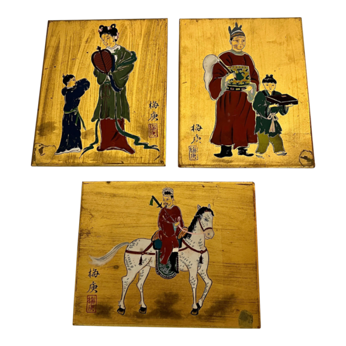 chinese paintings on gilt wood board set of 3 7550