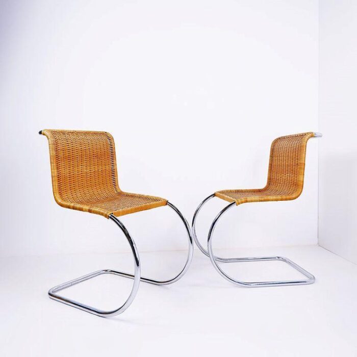 chrome and wicker cantilever chairs in the style of mies van der rohe set of 2 6426