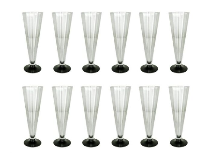 clear black murano glass octagonal flutes series by carlo moretti 1974 set of 12 1