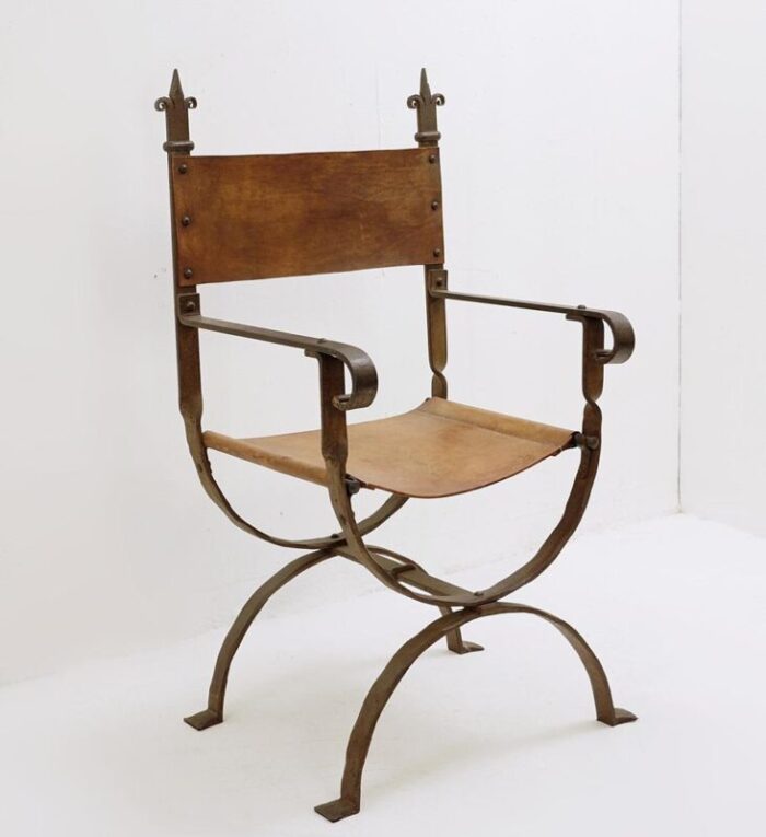 curule armchair in wrought iron and leather 1970s 6826