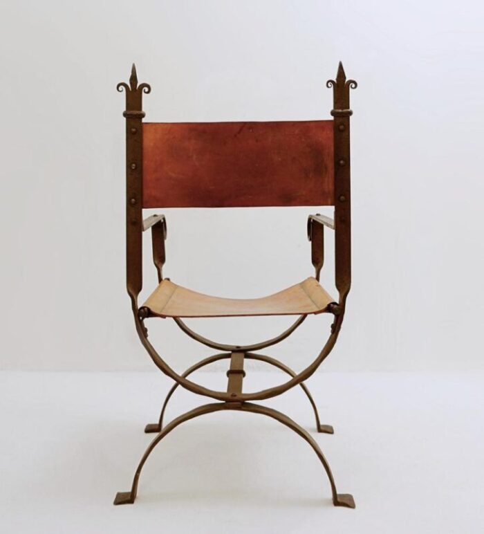 curule armchair in wrought iron and leather 1970s 7322