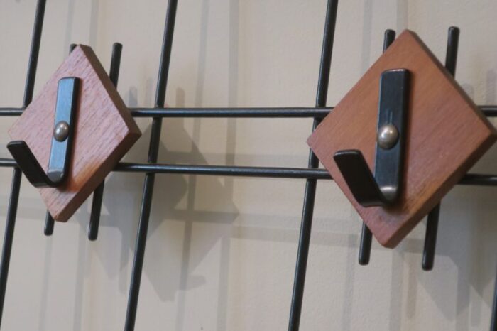 danish teak and black metal string coat and hat rack 1960s 9207