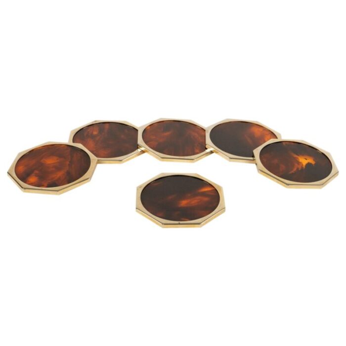 faux tortoiseshell acrylic glass brass coasters by by christian dior italy 1970s set of 6 1