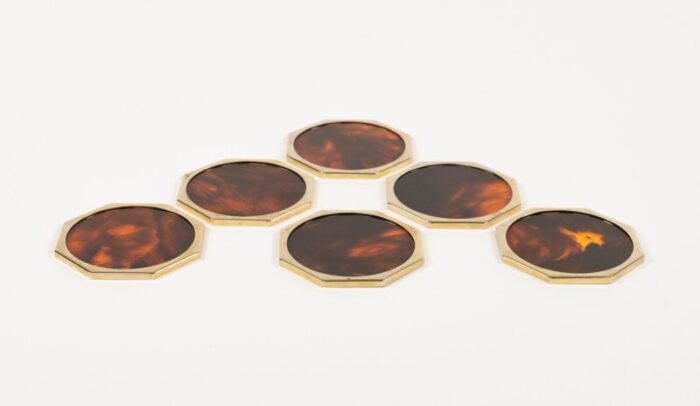 faux tortoiseshell acrylic glass brass coasters by by christian dior italy 1970s set of 6 10