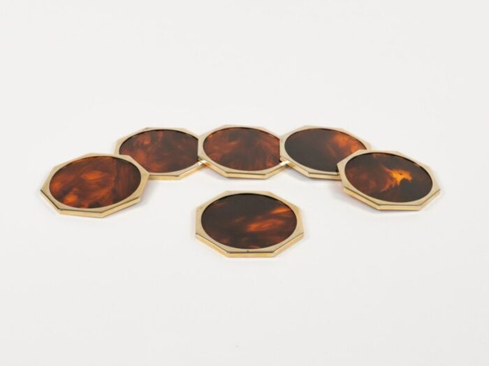 faux tortoiseshell acrylic glass brass coasters by by christian dior italy 1970s set of 6 2