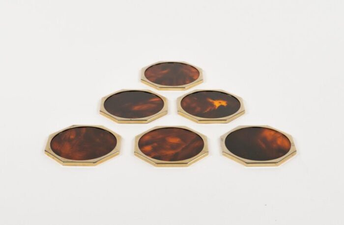 faux tortoiseshell acrylic glass brass coasters by by christian dior italy 1970s set of 6 3