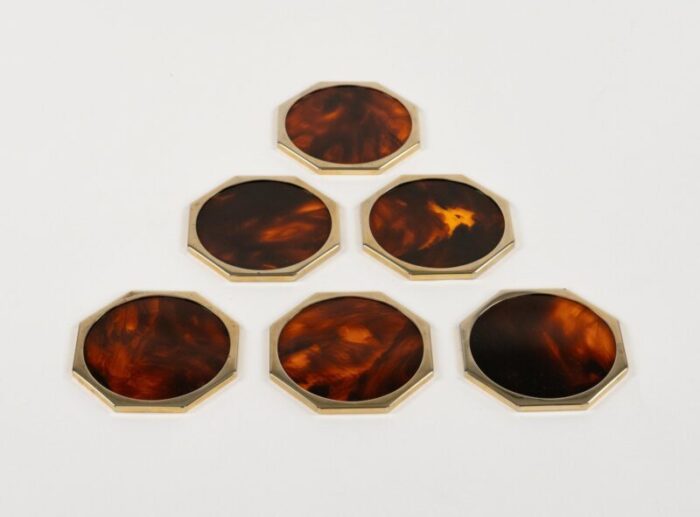 faux tortoiseshell acrylic glass brass coasters by by christian dior italy 1970s set of 6 4