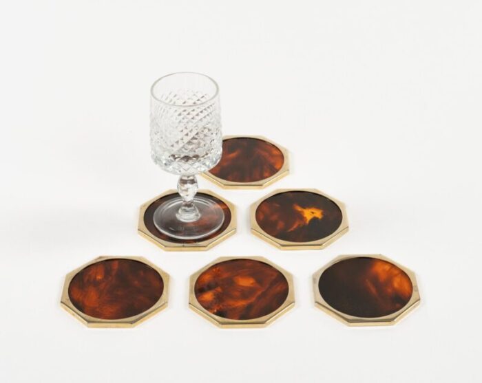 faux tortoiseshell acrylic glass brass coasters by by christian dior italy 1970s set of 6 5