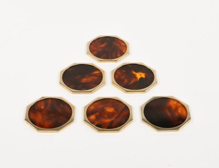 faux tortoiseshell acrylic glass brass coasters by by christian dior italy 1970s set of 6 6