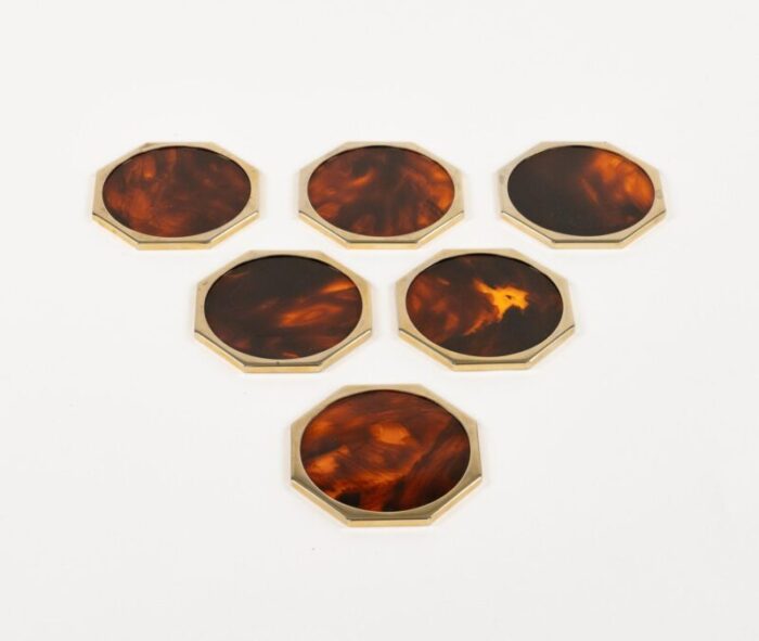 faux tortoiseshell acrylic glass brass coasters by by christian dior italy 1970s set of 6 7