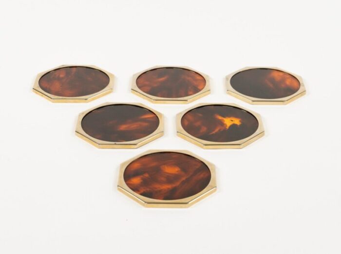 faux tortoiseshell acrylic glass brass coasters by by christian dior italy 1970s set of 6 8