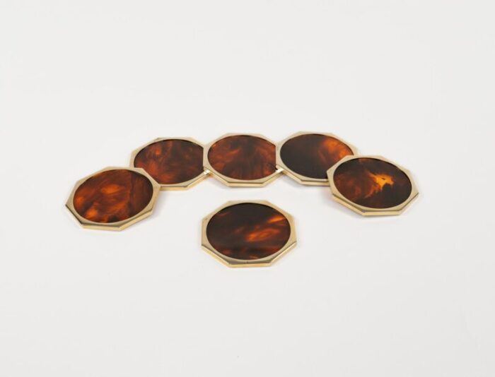 faux tortoiseshell acrylic glass brass coasters by by christian dior italy 1970s set of 6 9