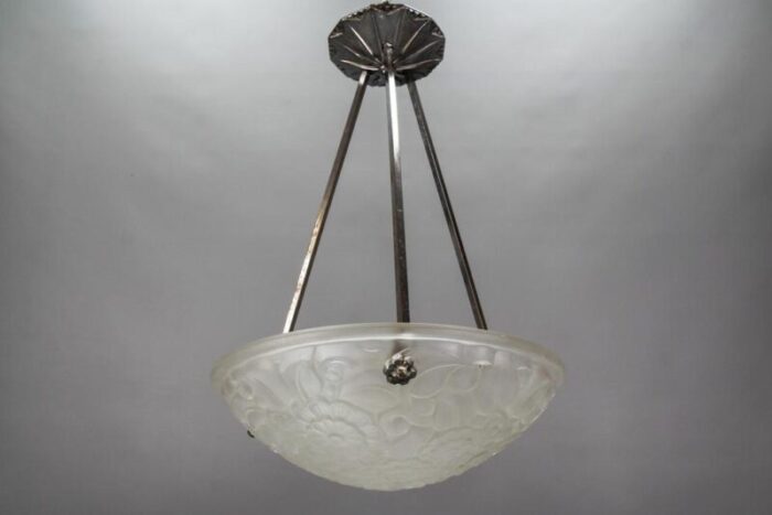 french art deco frosted glass and chromed brass pendant light by primaflor 1930s 8450