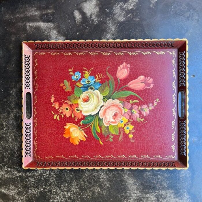 french metal tray painted with flowers 1960s 1