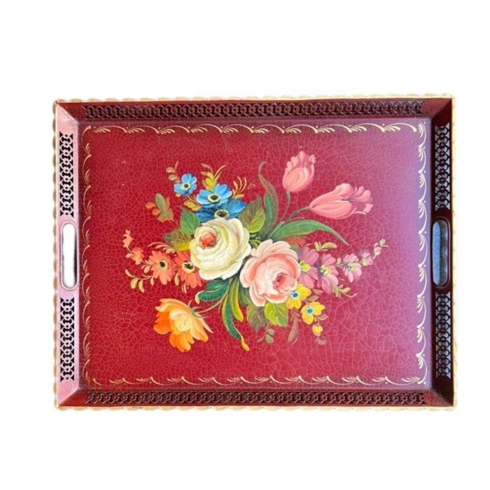 french metal tray painted with flowers 1960s 2