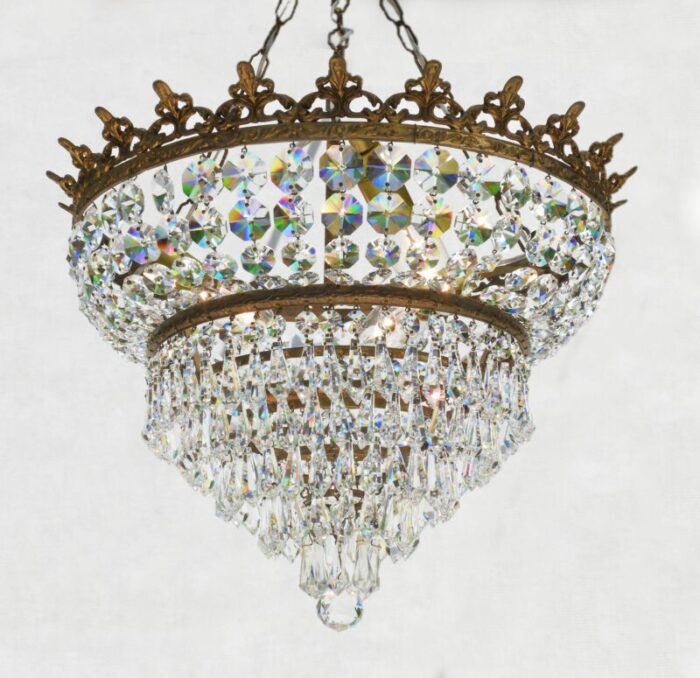 french tiered crown waterfall crystal chandelier 1930s 3498