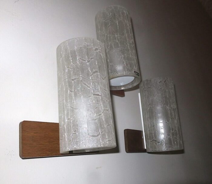 frosted crackled glass and teak wall lights from doria 1960s set of 3 1499