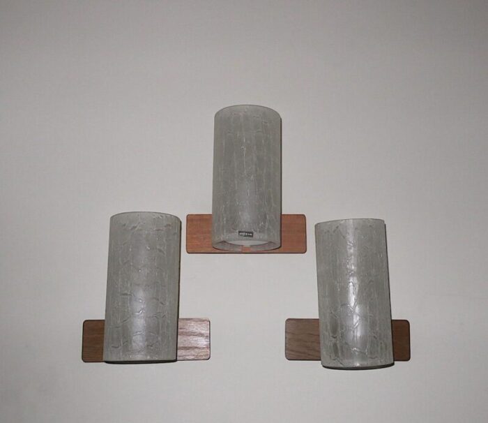 frosted crackled glass and teak wall lights from doria 1960s set of 3 5788