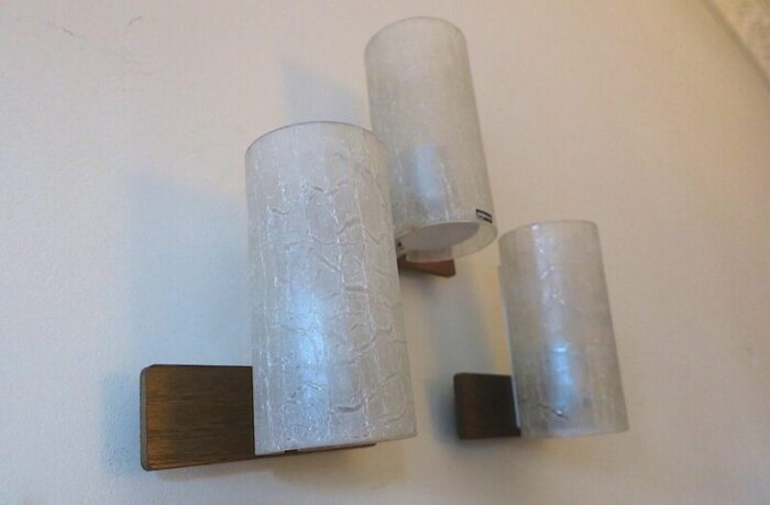 frosted crackled glass and teak wall lights from doria 1960s set of 3 6219