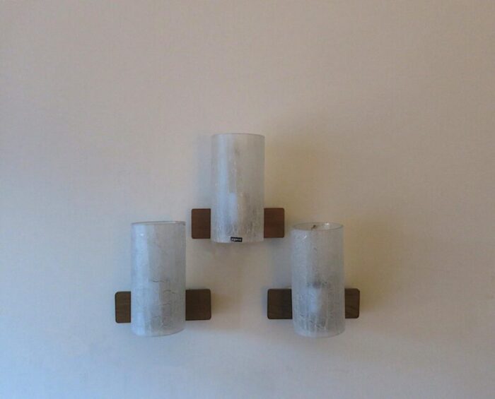 frosted crackled glass and teak wall lights from doria 1960s set of 3 7824