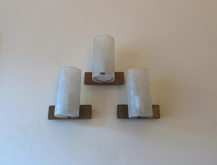 frosted crackled glass and teak wall lights from doria 1960s set of 3 9786