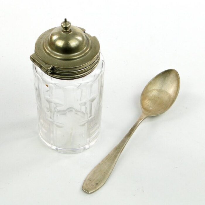 german biedermeier mustard container with spoon 1930s set of 2 3