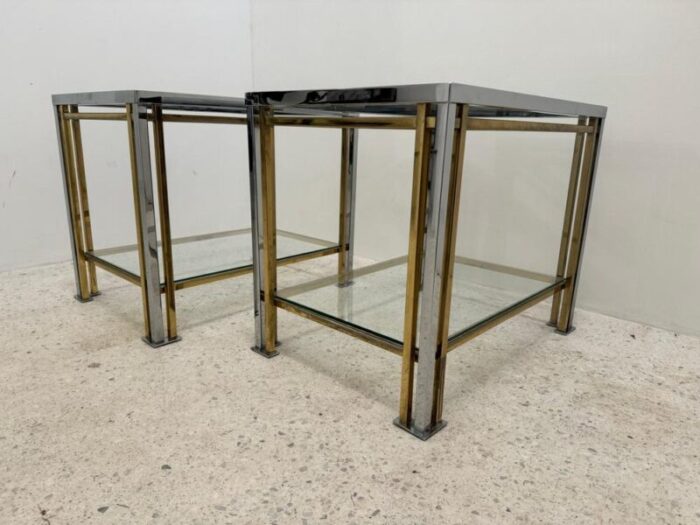 gold metal and chrome side tables with glass tops set of 2 1343