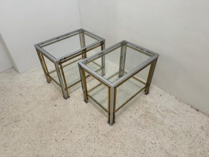 gold metal and chrome side tables with glass tops set of 2 2085