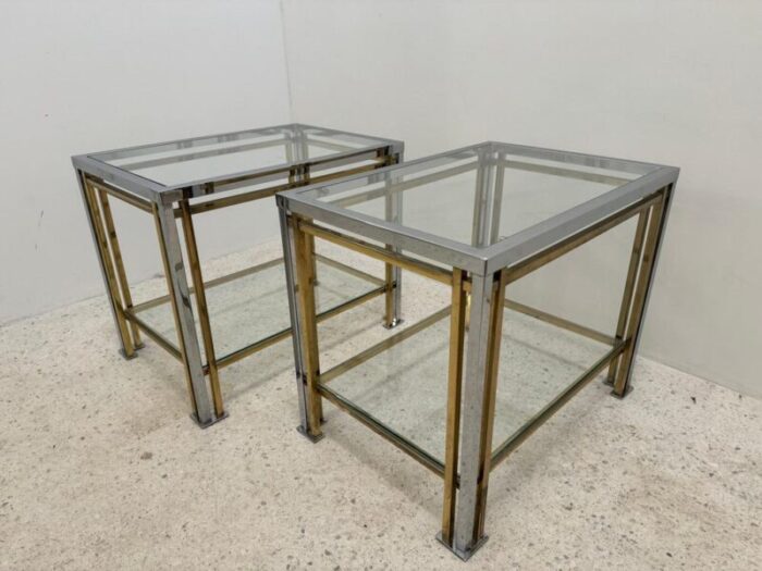 gold metal and chrome side tables with glass tops set of 2 3809