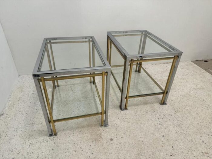 gold metal and chrome side tables with glass tops set of 2 7020