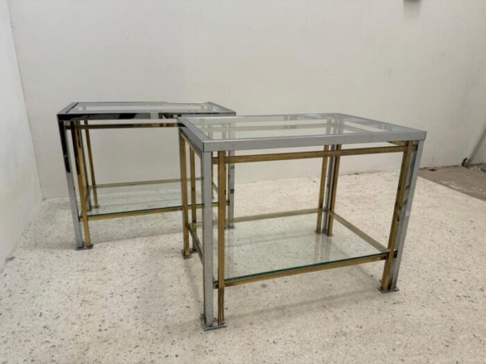 gold metal and chrome side tables with glass tops set of 2 9126