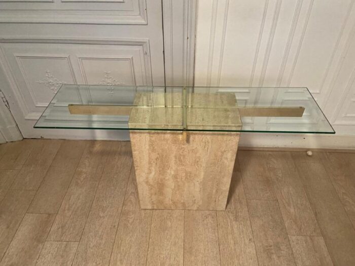 golden metal travertine and cross console italy 1970s 8169