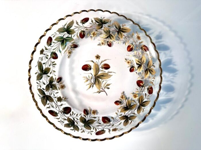 goofus enameled glass bowl with strawberries and gilded leafs decor 1890s 1