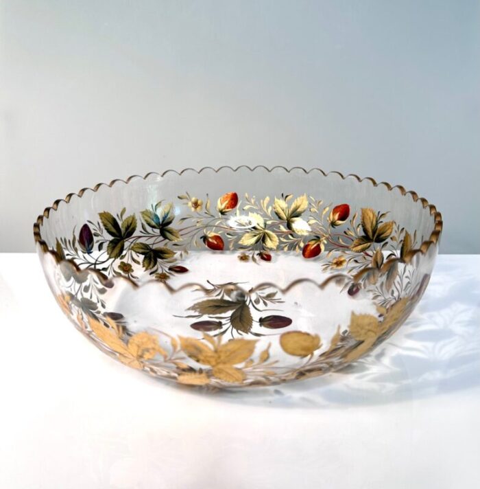 goofus enameled glass bowl with strawberries and gilded leafs decor 1890s 2