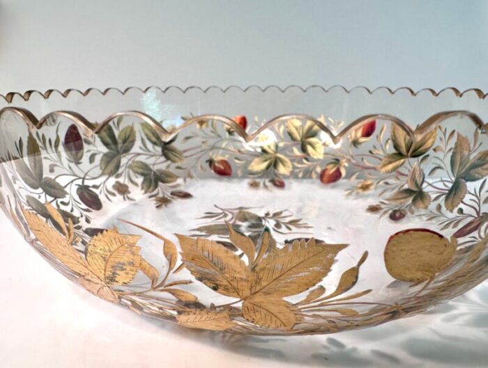 goofus enameled glass bowl with strawberries and gilded leafs decor 1890s 3