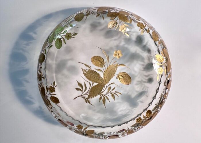 goofus enameled glass bowl with strawberries and gilded leafs decor 1890s 4