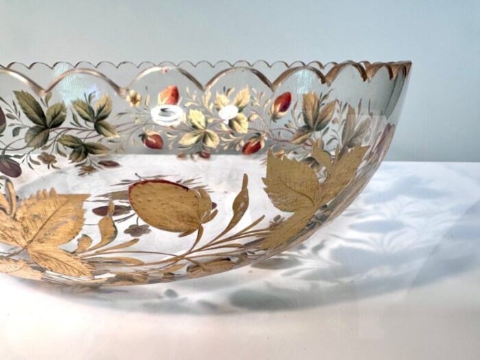 goofus enameled glass bowl with strawberries and gilded leafs decor 1890s 5