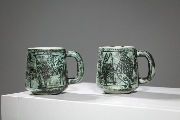 green ceramic mugs by jacques blin 1950s set of 2 7393