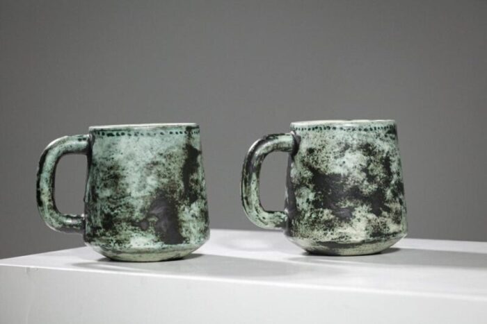 green ceramic mugs by jacques blin 1950s set of 2 8927