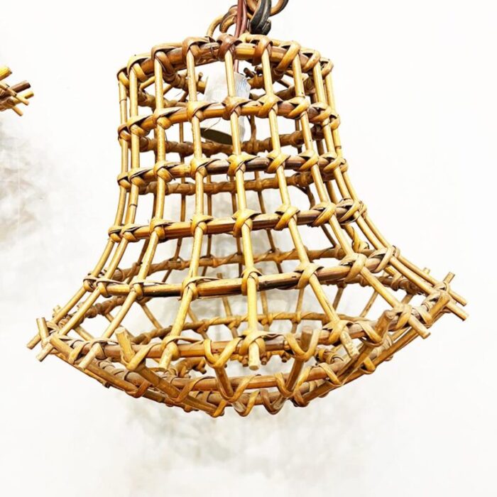 hand woven bamboo pendant lights italy 1950s set of 2 0417