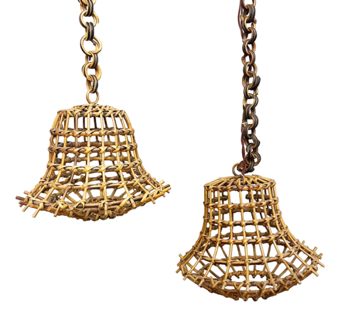 hand woven bamboo pendant lights italy 1950s set of 2 3777