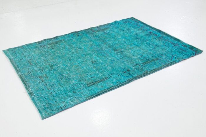 handmade turquoise persian overdyed wool rug with allover pattern 4 x 6 6718