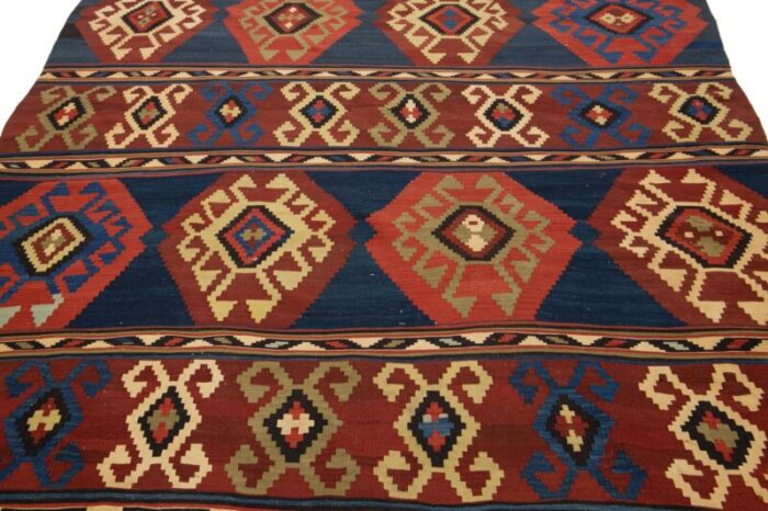 handmade vintage turkish kilim wool rug allover geometric in blue and red 2760