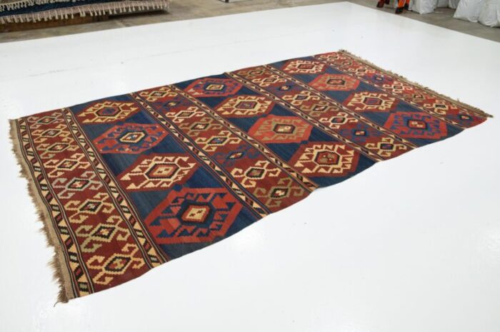 handmade vintage turkish kilim wool rug allover geometric in blue and red 2933