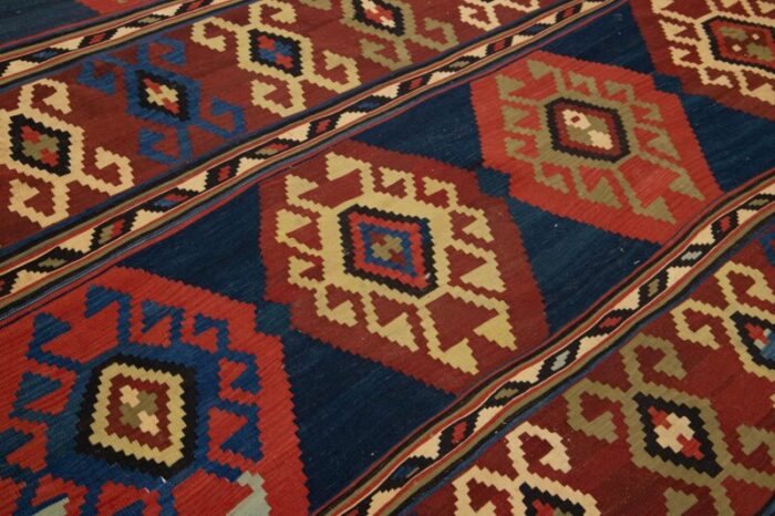 handmade vintage turkish kilim wool rug allover geometric in blue and red 4507