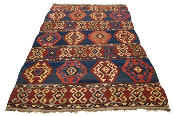 handmade vintage turkish kilim wool rug allover geometric in blue and red 6004