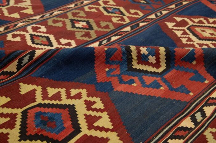 handmade vintage turkish kilim wool rug allover geometric in blue and red 6165