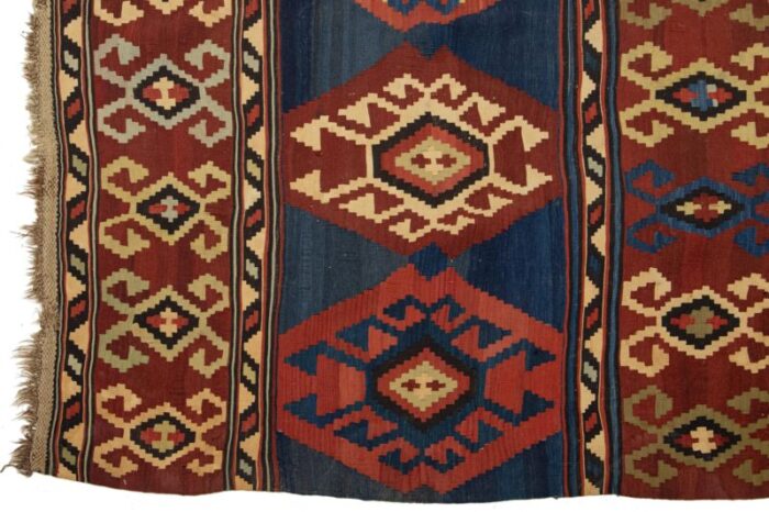 handmade vintage turkish kilim wool rug allover geometric in blue and red 7647