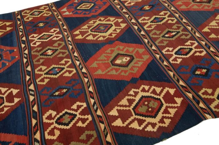 handmade vintage turkish kilim wool rug allover geometric in blue and red 9652