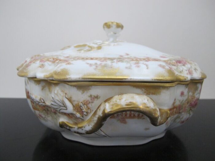 haviland limoges pink and yellow flower gold trim vegetable bowl tureen with lid 1165